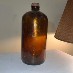 Vintage Amber Glass Bottle by Beacon Sz 14”x3.5” Cylinder Shaped Cap Style Lid